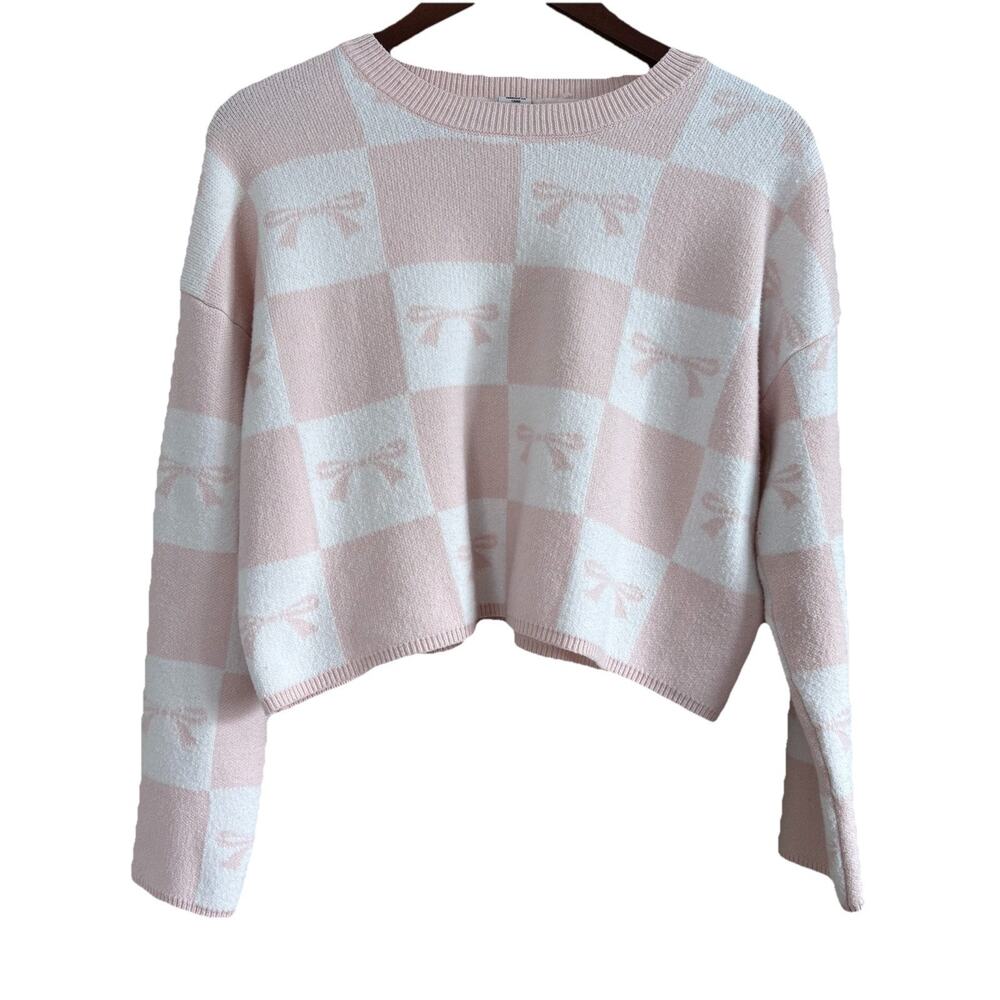 Sincerely Jules Women's Size Medium Pink & White Bow Print Cropped Sweater
